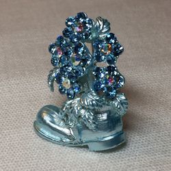 Old Boot Garden Flower Planter Pot Brooch Accented With Rhinestones