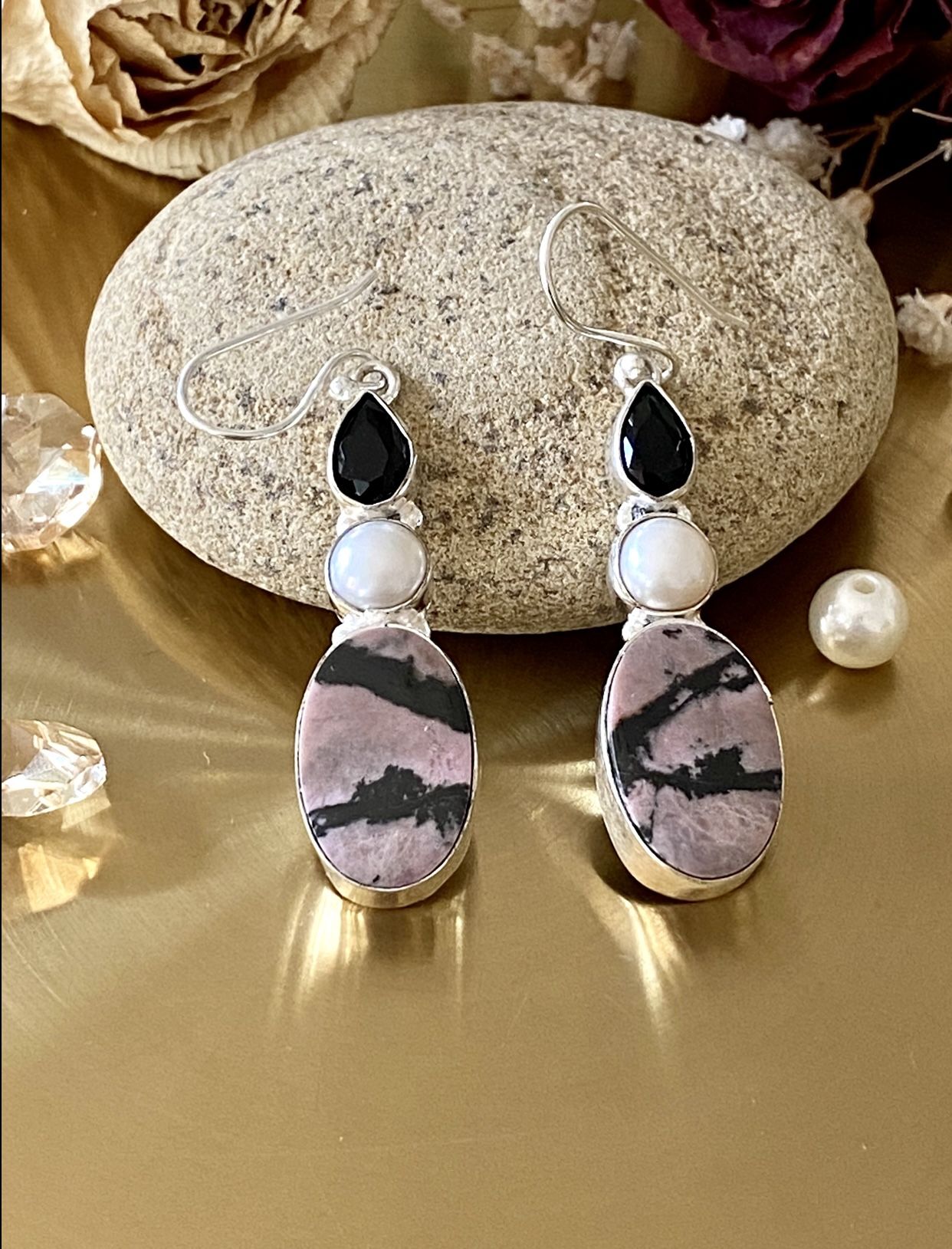 Rhodonite, Biwa Pearl And Black Onyx 925 Sterling Silver Overlay Earrings