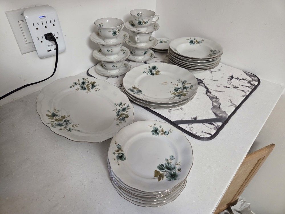 Vintage Karolina Poland China – 34 Pieces – Green Rose Floral w/ Gold Trim