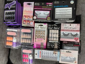 Ardell strip lashes, magnetic lashes with glue, individual knot lashes and press on nails with glue