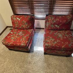 Pair of Red Armless Floral & Bird Pattern Chairs