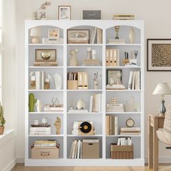 71'' Triple Wide White Bookshelf, 6 Tier Large Bookcase with 18 Open Display Compartments