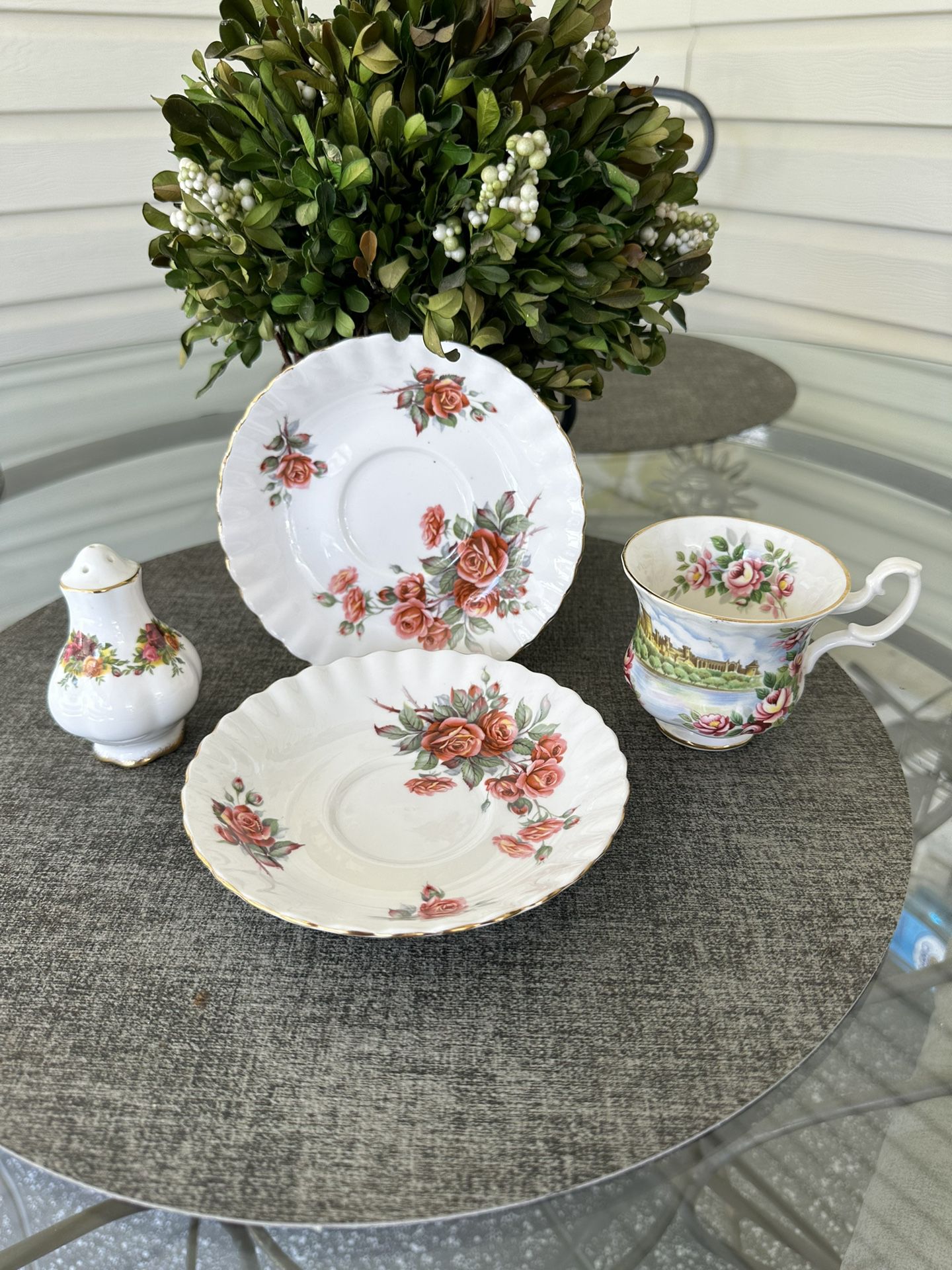 Royal Albert England Country Roses, Centennial Rose-Salt, Saucer's & Cup Set Vintage. A lovely Mix Set that can be used together if desired :) Royal A