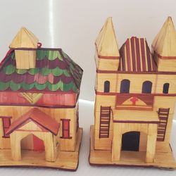 VTG Wheat Straw Balsa Wood Marquetry Victorian House Ornament Box Village Lot 
