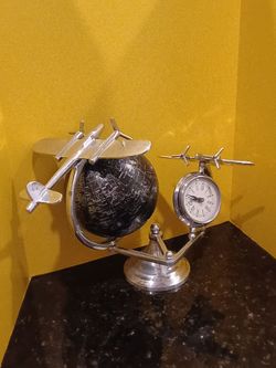 Chrome Metal retro office decor world globe with airplanes and clock Great condition Cash only please