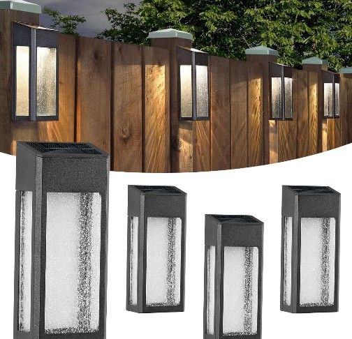 Solar Outdoor Lights - Metal Seeded Glass Fence Lights, Auto On/Off Waterproof Solar Wall Lights 4 Pack