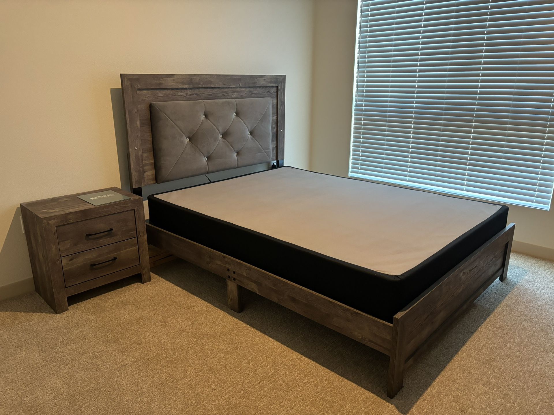 Queen bed frame with headboard , dresser with mirror and 1 night stand. Box Spring Mattress Also Included.