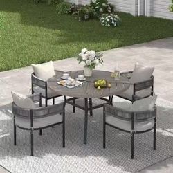 5-Piece Metal Outdoor Dining Set with 47.2'' Gray Wood-Like Round Table and 4 Gray Woven Rope Chairs with White Cushions