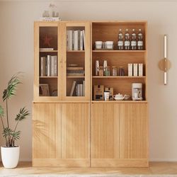 Tall Bookcase with Glass Doors,71'' Wooden Bookshelf with Storage,Display Cabinet for Living Room, Home Office,Set of 2 (A+C)