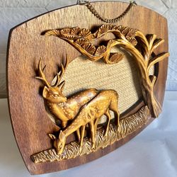 Vintage Hand-Carved Wooden Deer Hanging Wall Art Decor 