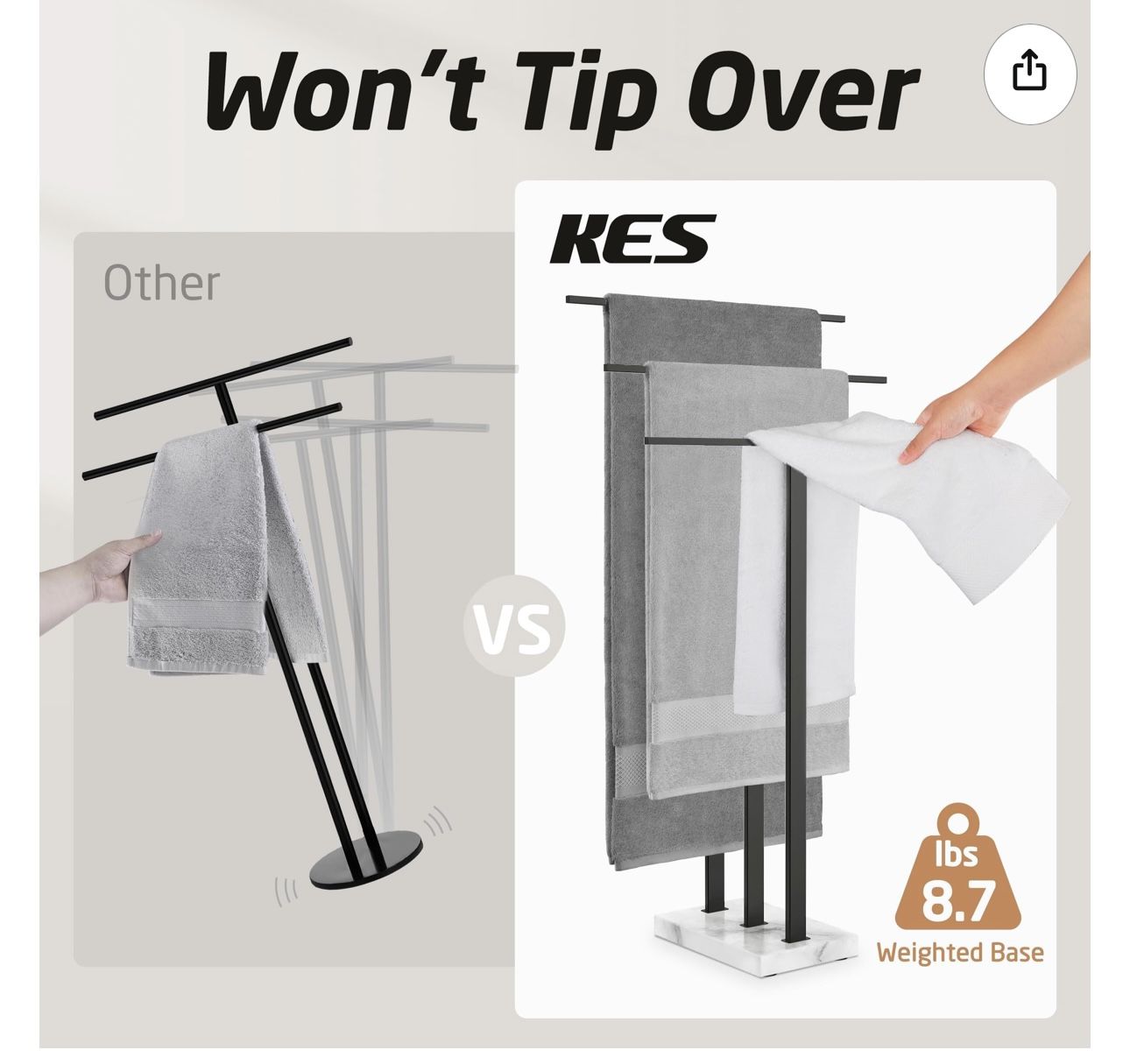 Standing Towel Rack 3-Tier with Marble Base, Brushed Gold Towel Rack Stand for Bathroom Floor, Fits Large Bath Towel & Hand Towel, 18/8 Stainless