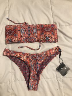 Zaful Ethnic Floral Lace Up Reversible Bikini Set