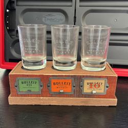 Bulleit Frontier Whiskey Shot Glasses And Wooden Display