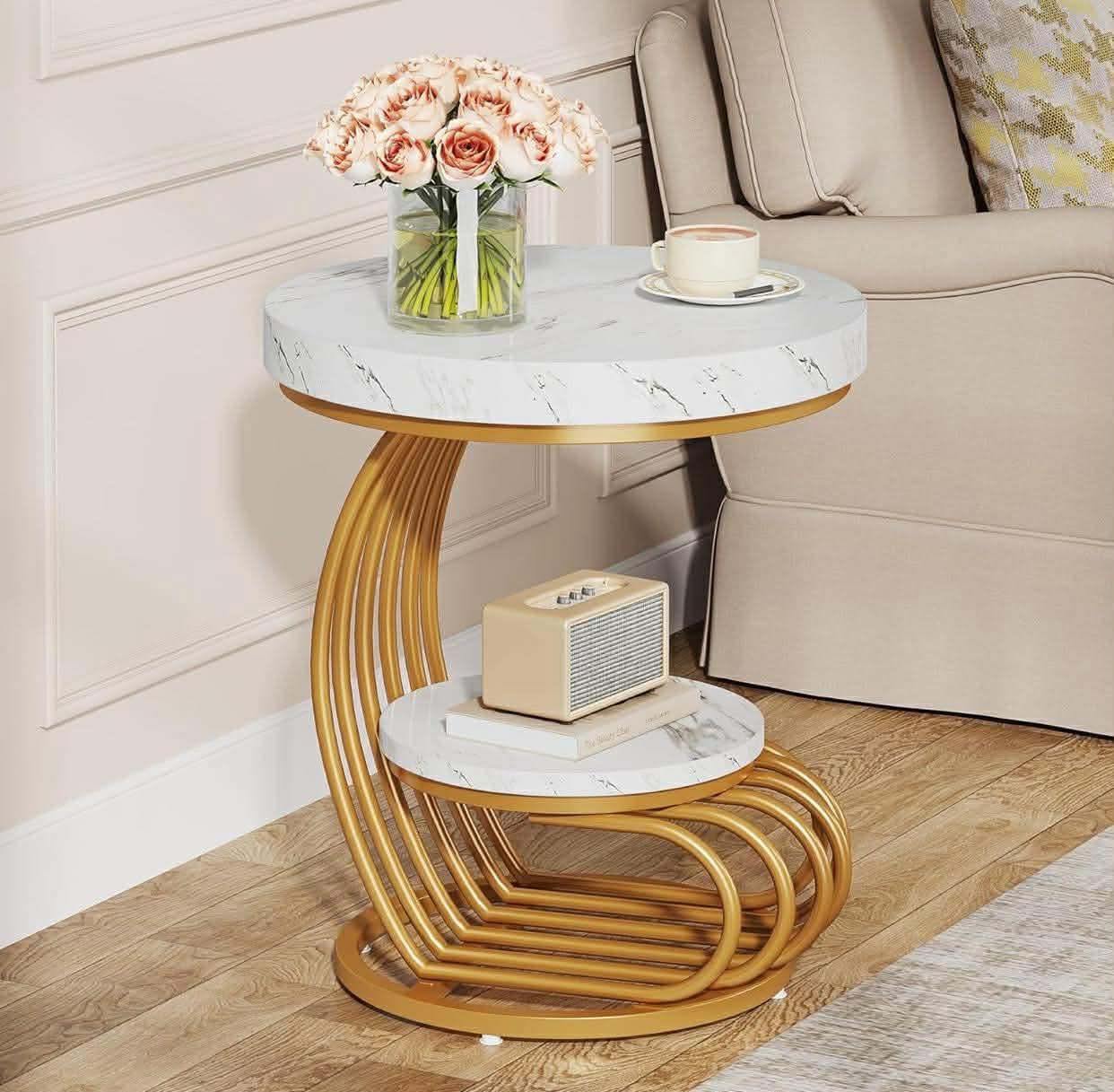Round End Table, 2-Tier Modern Wood Side Table with Shelf Storage, Faux Marble Sofa Side Bedside Nightstand, Arc-Shaped Frame Accent, Gold & White