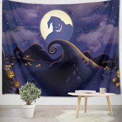 Brand New The Nightmare Before Christmas Tapestry Moonnight Theme Spooky Ghost Pumpkins Sky Halloween Wall Living Dining Room Party Decor 60''Lx40''W