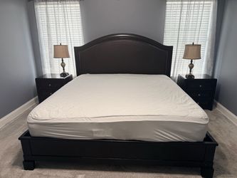 Dark Wood King Bed, Dresser, Nightstands, and Lamps