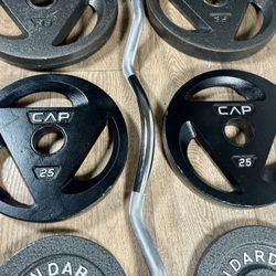  Olympic Equipment: Silver Curl Bar With Cooper Bearings & Weight Plates Pairs Of  35s, 25s And 10 Pounds   (Total: 160 lbs)