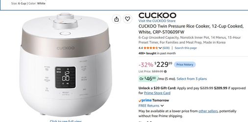 Brand New CUCKOO CRP-ST0609FW Twin Pressure Rice Cooker & Warmer with Nonstick Inner Pot