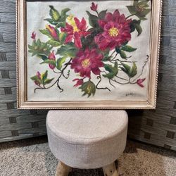 1988 Floral Hand Painting on Canvas in Wooden Frame