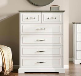 6 Drawers Dresser for Bedroom, 43" Tall Modern Chest of Drawers with Deep Drawers & Bar Handles, Rustic Wood Dresser TV Stand, Wooden Closet Storage O
