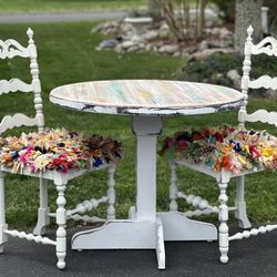 Bohemian Kitchen Set 36” Whitewashed Table 2 White Chairs Multi Color 