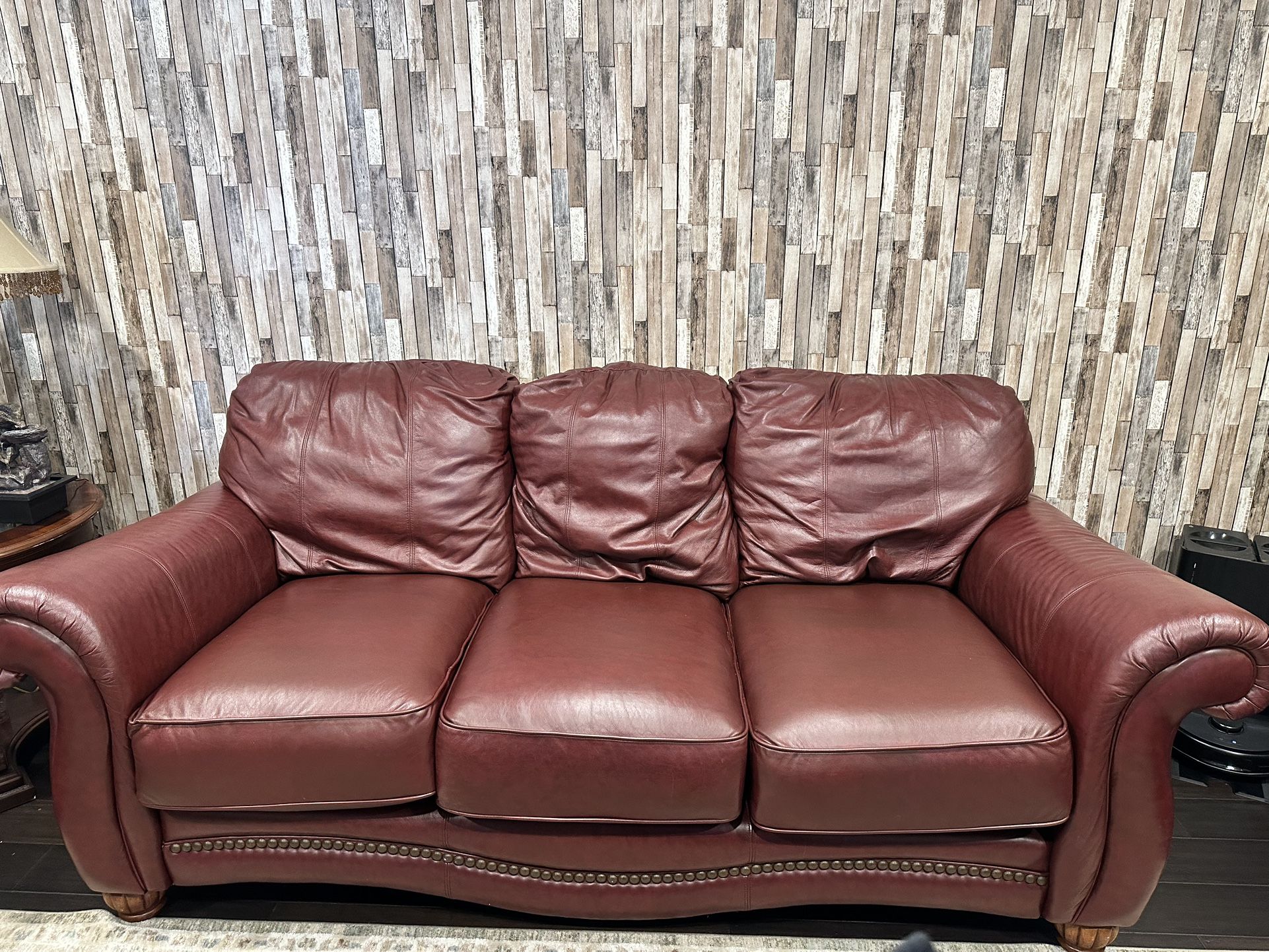 Vintage Lane Leather Red/Maroon  Leather Couches + Wooden Table Glass Top (FULL SET)