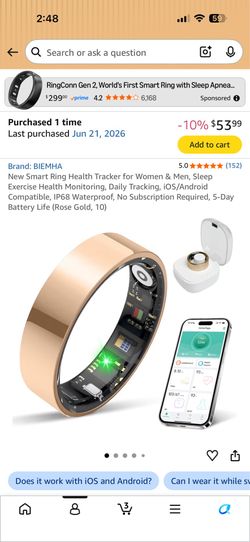 New Smart Ring Health Tracker for Women & Men, Sleep Exercise Health Monitoring, Daily Tracking, iOS/Android Compatible, IP68 Waterproof, No Subscript