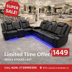 Black Leather 2 Piece Reclining Sofa And Loveseat With LED Light 