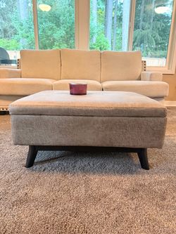 Large Gray Storage Ottoman with Dark Legs