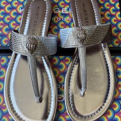 KURT GEIGER LONDON KENSINGTON T-BAR SANDAL GOLD COMB FABRIC/STONE SIZE-8 New