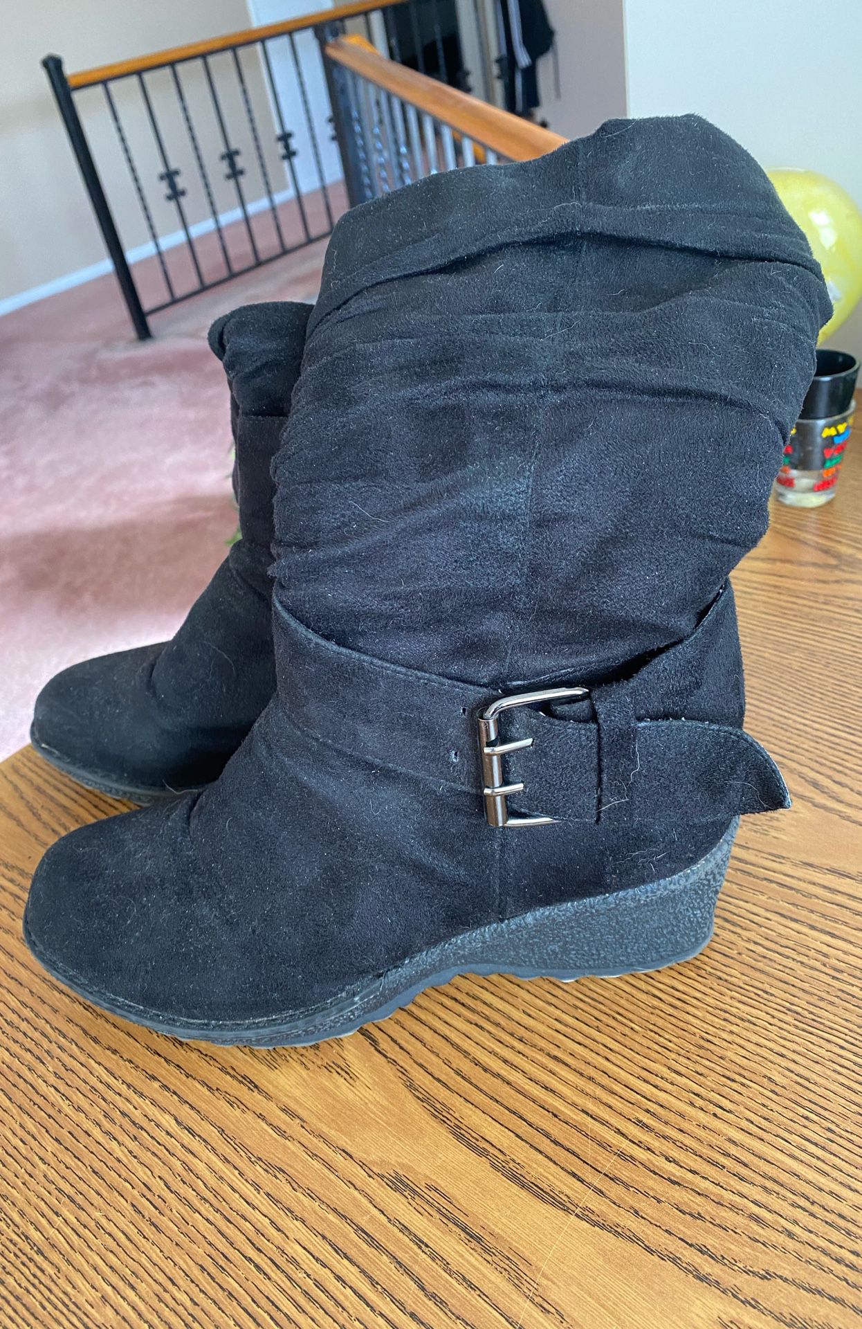 Ladies size 8-1/2 black suede boots with buckle & platform heel, worn once, porch pickup Mt Laurel