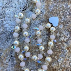 Cute Pink Beads And Fake Pearls Necklace Silver Heart