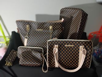 5-Piece Brown Checkered Handbag Set
