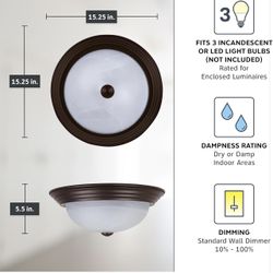 DESIGNERS FOUNTAIN 3-Light Flush Mount Ceiling Light, 15 Inch Lighting Fixture for Kitchen, Bedroom, Bathroom, and Hallway, White Alabaster Glass, Oil