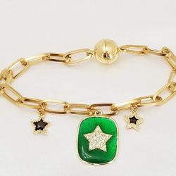 14K Gold Plated Green Star Charm Bracelet. New 