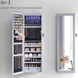6 LEDs Mirror Jewelry Cabinet, 47.2-Inch Tall Lockable Wall or Door Mounted Jewelry Armoire Organizer with Mirror, 2 Drawers, 3.9 x 14.6 x