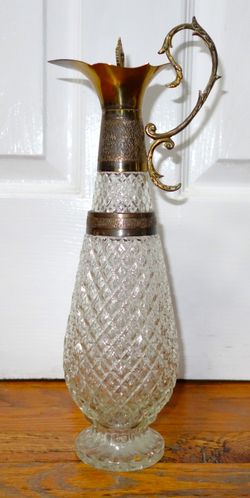 Antique Crystal Glass Diamond Point Pitcher 14" Decanter gold top