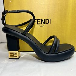 NEW FENDI BAGUETTE STRAPPY SANDAL BLACK LEATHER GOLD METAL FF LOGO HEEL SZ 37.5 