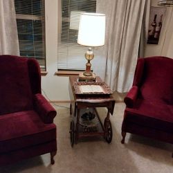 Two Beautiful, Excellent Condition Wingback Chairs and Tea Cart