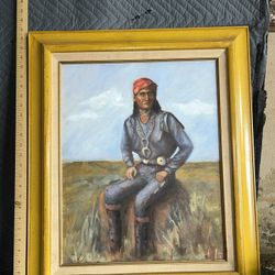 Vintage Oil Painting Of A Native American 