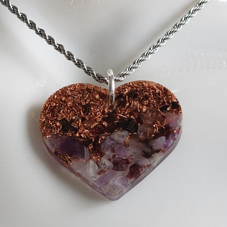 Artisan Orgonite Heart Pendant- Amethyst Garnet Copper - High Vibration Healing Jewelry - EMF Protection