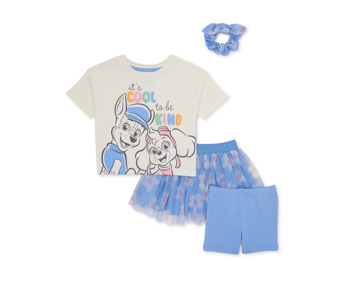 PAW Patrol Baby and Toddler Girl Tee, Shorts, Skirt and Hair Scrunchy Set, 4-Piece