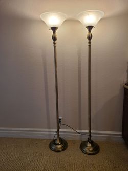 Two Floor Lamps With Marblized Glass and Antique Brass Finish - Matching Set