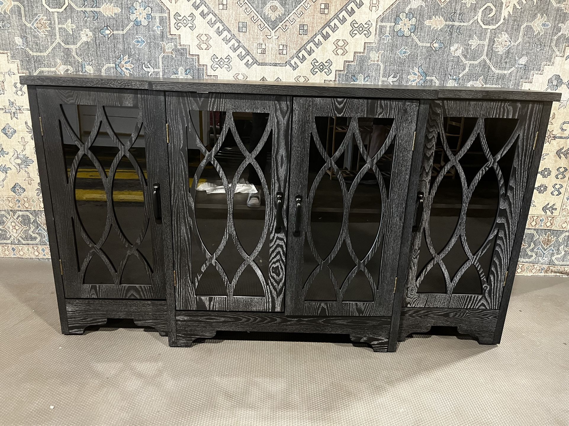 New Sideboard with Glass Door, Curved Line Design Ample Storage Cabinet with 3 Adjustable Shelves