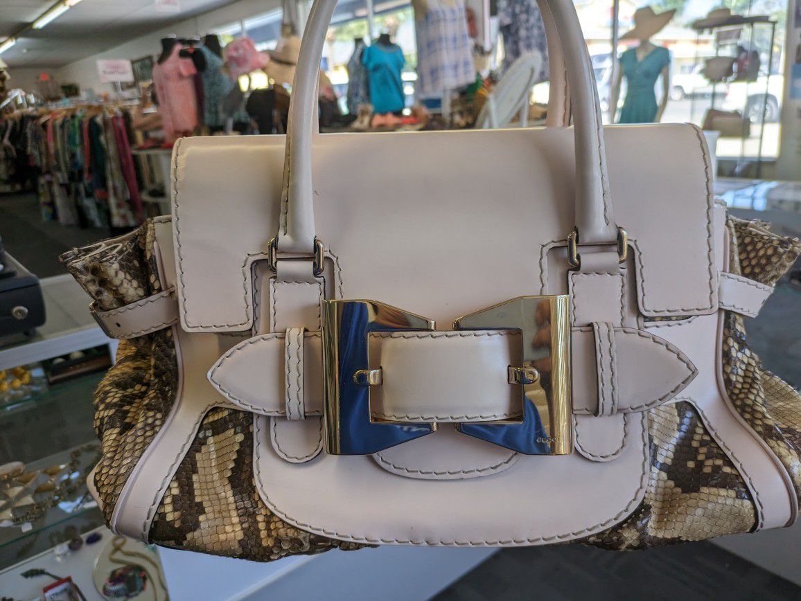 Certified Authentic Gucci Beige/Brown Python and Leather Large Queen Satchel


