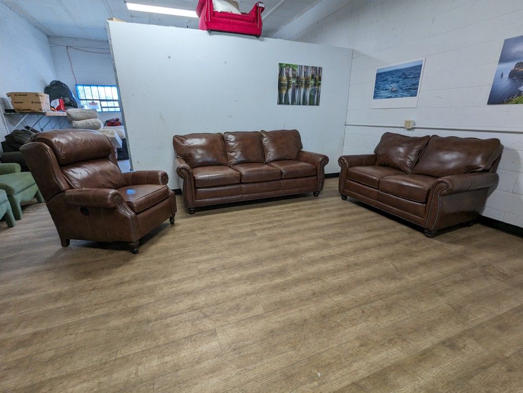 Woodley’s Brown Top Grain Leather Couch and Loveseat Set with Matching Power Recliner Chair