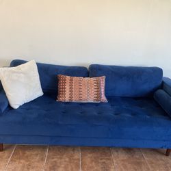 Beautiful Blue Velvet Mid Century Modern Couch
