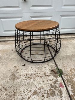 Rustic Round Wood & Black Metal Wire Accent Table