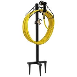 Freestanding Outdoor Garden Hose Holder Stand with Brass Faucet, Heavy Duty Metal Water Hose Storage Stake Rack for Backyard, Black (Hose not Included