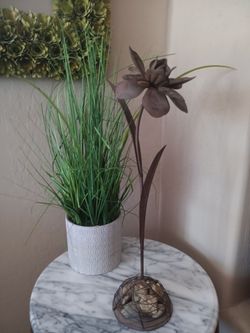 Rustic Metal Flower Sculpture 19" Tall With Stone Base